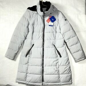 Andrew Marc Women Light Grey Stretch Puffer Parka Jacket Hooded Size L 1423663